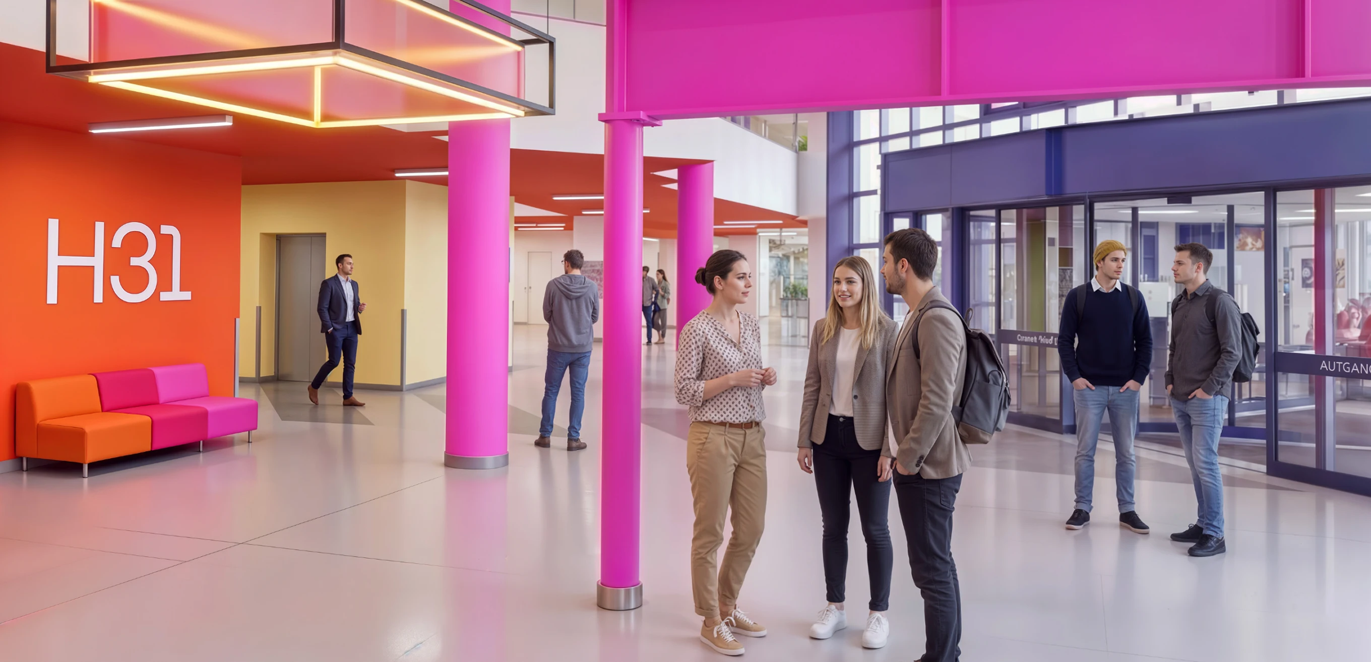 Moderne Lobby mit pinken Säulen, orange-pinkem Sofa und mehreren Personen, die sich unterhalten oder gehen.