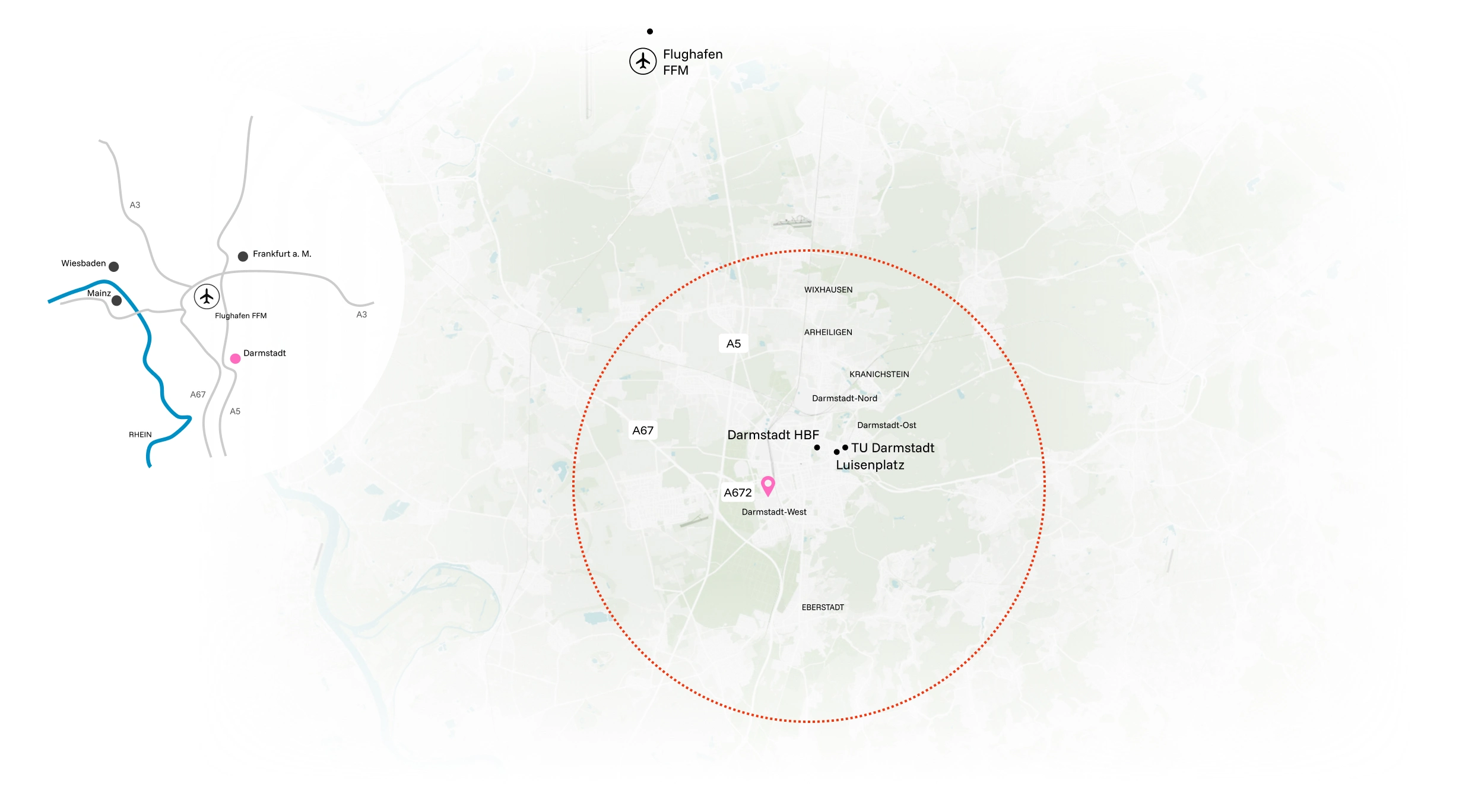 Karte von Darmstadt und Umgebung mit markiertem Hauptbahnhof, TU Darmstadt Luisenplatz, Darmstadt-West und Frankfurt Flughafen sowie Autobahnen A3, A5, A67, A672.