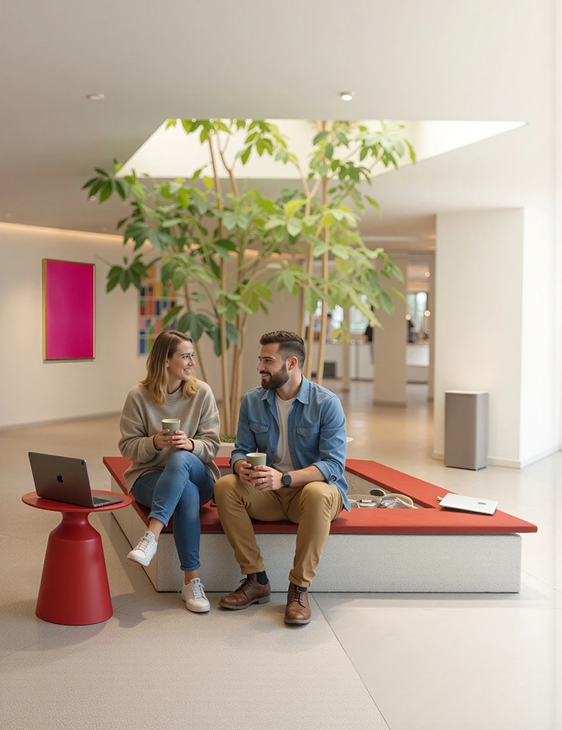 Zwei junge Personen sitzen in einem modernen, hellen Raum gegenüber auf einer roten Bank und trinken Kaffee.